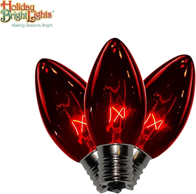 Holiday Bright Lights C9 Transparent Red Replacement Bulbs 25-Pack, Incandescent Faceted String Light Bulbs with E17 Base for Outdoor and Holiday Décor