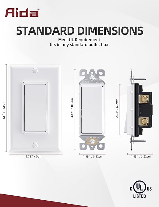 AIDA Single Pole Rocker Decora Light Switch, 15 Amp Self-grounding Electrical Light Switches, Residential Grade, UL Listed (50, Glossy White, Wall Plate Included)