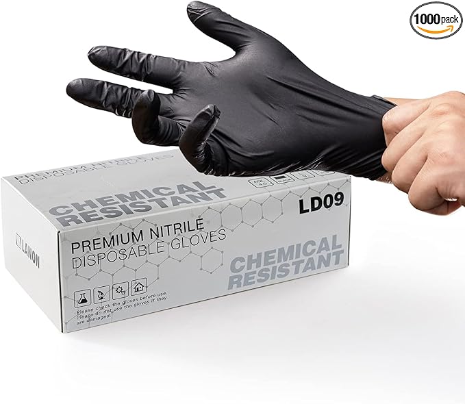 LANON Protection 6 mil Black Nitrile Disposable Gloves, EN ISO 374 Chemical Resistant, Heavy-Duty, Mechanic, Textured Fingertips, Latex-Free, Medium