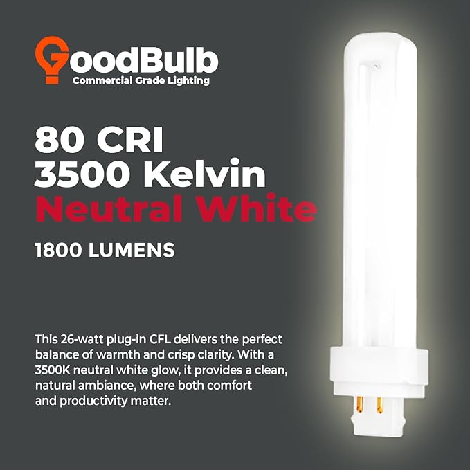 GoodBulb 26 Watt CFL Light Bulbs 4 Pin G24Q-3 Base 3500K Neutral White 26W High Output 1800 Lumens Double Tube Compact Fluorescent Light Bulbs Plug-in 10 Pack