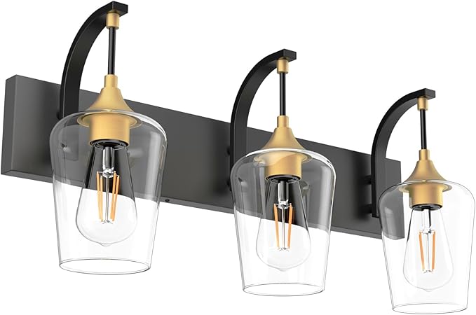 Ralbay Black/Gold Vanity Light Fixtures 3-Lights Industrial Black/Gold Bathroom Vanity Light with Clear Glass Vintage Edison Bathroom Wall Lighting Fixtures