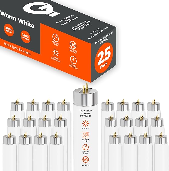 GoodBulb 17W 24 Inch T8 Fluorescent Light Bulb 3000K Warm White Medium Bi-Pin Base 1400 Lumens 86 CRI 36000 Life Hours Instant/Programmed Start 25 Pack