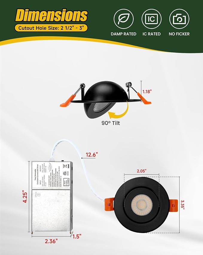ZYC Gimbal LED Recessed Lighting - 3 Inch 5CCT 7W 360° Rotation Adjustable Eyeball Light,LED Swivel Spotlight,Directional Sloped Ceiling Light,Dimmable Canless Wafer Downlight Pack of 6 Black.