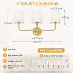 Bathroom Light Fixtures, 3-Light Brushed Gold Vanity Lights, Bathroom Lighting Fixtures Over Mirror with Flared White Fabric Shade, Modern Wall Sconces for Living Room Hallway