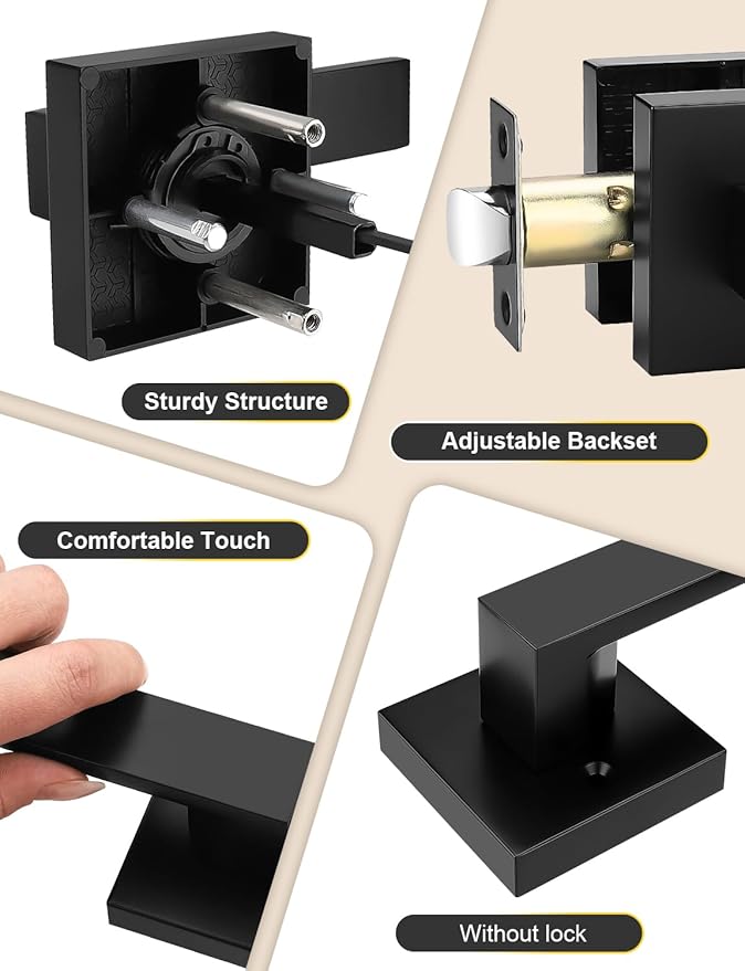 5 Pack Square Black Door Handles Interior, No Lock Passage Door Lever for Left or Right Handing, Heavy Duty Matte Black Closet Door Handle Sets