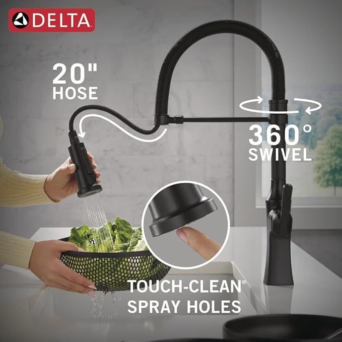 Delta Ermelo Pro Style Commercial Kitchen Faucet with Pull Down Sprayer, Single Hole Matte Black Kitchen Sink Faucet, Single Handle, Matte Black 18887-BL-DST