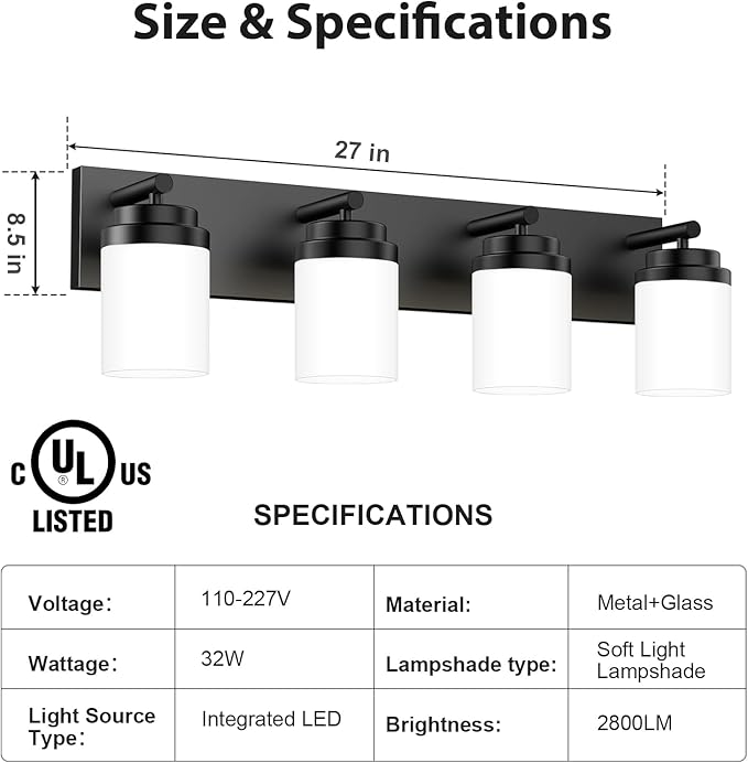 4-Light Bathroom Light Fixtures, Modern LED Vanity Light with White Glass Shade, Matte Black Bathroom Light Fixtures Over Mirror, for Mirror Living Room Cabinet Bedroom, 27 inch