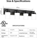4-Light Bathroom Light Fixtures, Modern LED Vanity Light with White Glass Shade, Matte Black Bathroom Light Fixtures Over Mirror, for Mirror Living Room Cabinet Bedroom, 27 inch