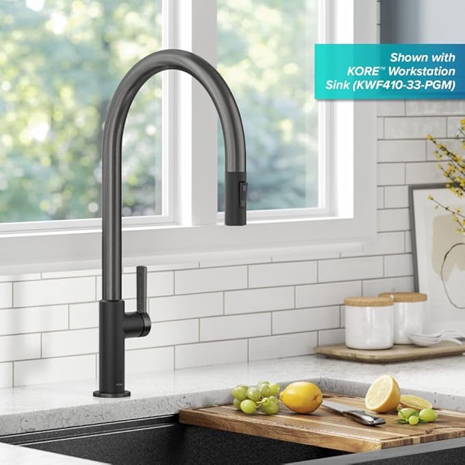 KRAUS Oletto High-Arc Single Handle Pull-Down Kitchen Faucet in Matte Black/Spot Free Black Stainless Steel, KPF-2821MBSFSB