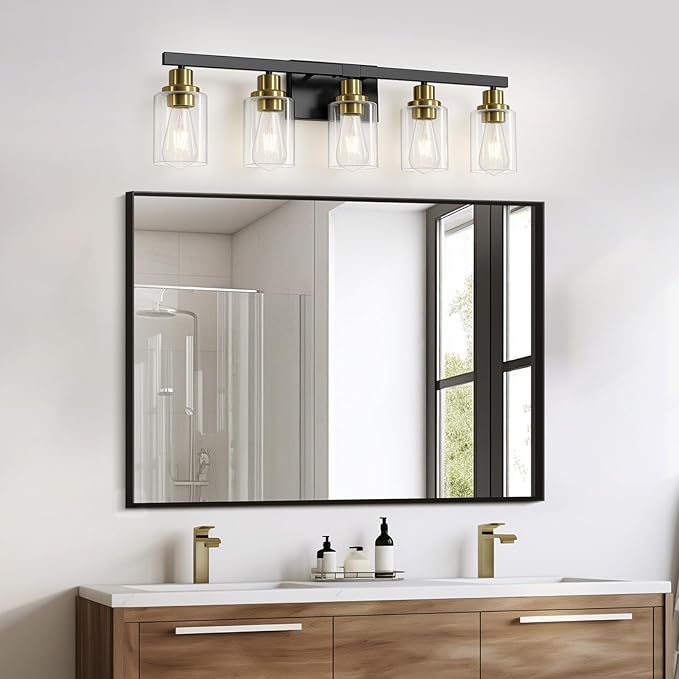 5-Light Black and Gold Bathroom Vanity Light, 30" Modern Vanity Lighting Fixture, Bathroom Light Fixtures, Wall Sconces with Clear Glass Shade, Black Bathroom Wall Light Over Mirror