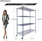 60"x24"x72" Premium Metal Steel 4-Tier Wire Shelving NSF 3200 LBS MAX Capacity Heavy Duty Storage Rack for Hospitals, Schools, Commercial Spaces, and Garages w/Premium Wheels