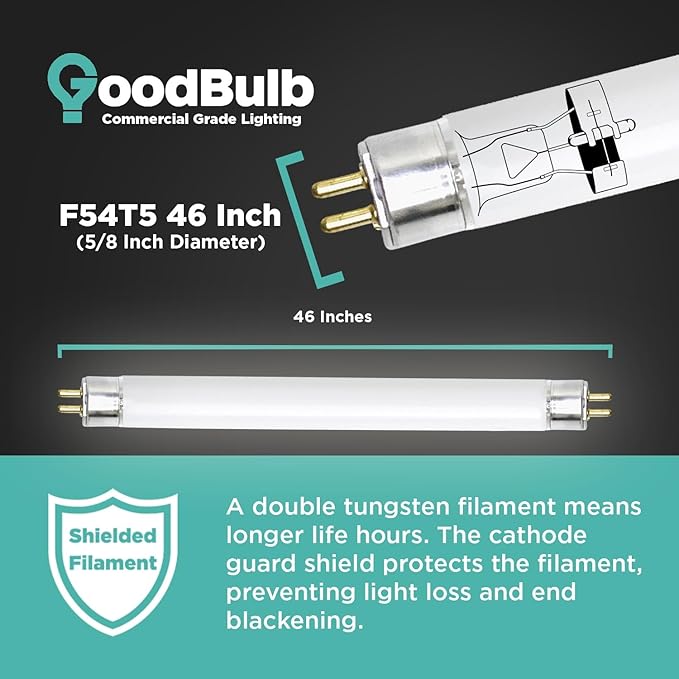 GoodBulb 54-Watt 46 Inch T5 Fluorescent Light Bulb 4100K Cool White Color Medium Bi-Pin Base 4950 Lumens 85 CRI 36000 Life Hours Instant/Programmed Start (Pack of 40)