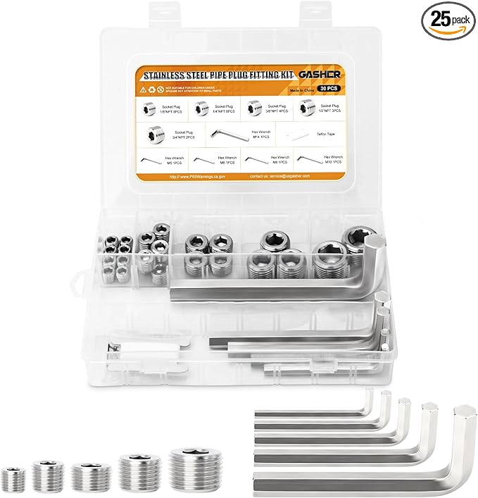 GASHER 25PCS Stainless Steel Internal Hex Thread Socket Pipe Plug Fitting 1/8" 1/4" 3/8" 1/2" 3/4" NPT Male