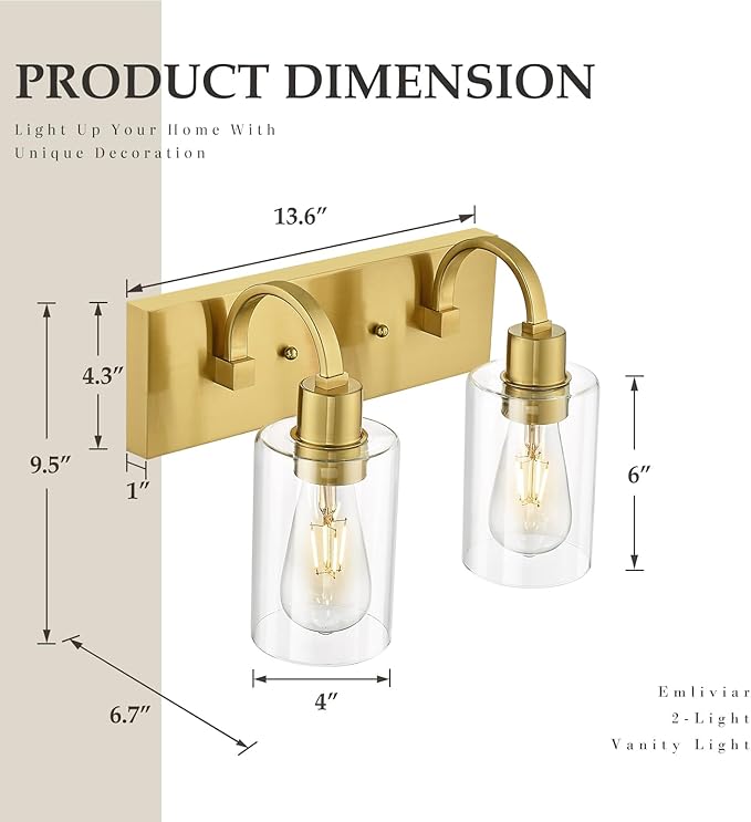 Emliviar 2-Light Brushed Gold Vanity Light, Modern Farmhouse Bathroom Light Fixture, Indoor Wall Sconce Lighting for Bedroom Entryway, YCE237B-2W BG