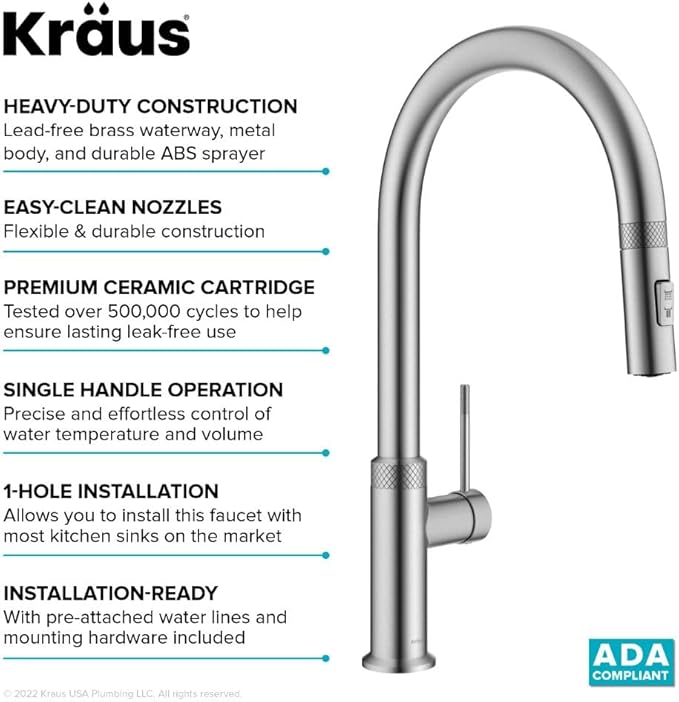 KRAUS Oletto Modern Industrial Pull-Down Single Handle Kitchen Faucet in Spot Free Stainless Steel, KPF-2654SFS
