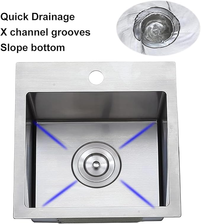 SHACO 15x15 Inch Drop In Bar Sink, Topmount 16 Guage Handmade Stainless Steel Square Small Sink for Wet Bar Prep Small Kitchen RV Outdoor