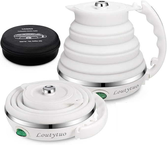 Ultrathin Upgraded Food Grade Silicone Travel Foldable Electric Kettle Boil Dry Protection Portable with Dual Voltage and Separable Power Cord,555ML 110-220V US Plug