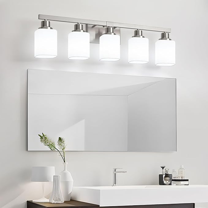 5-Light Bathroom Vanity Light,Brushed Nickel Vanity Lights with Square Frosted Glass,Modern Bathroom Wall Lights Fixtures Over Mirror,Wall Sconces Lighting for Bedroom Living Room,E26