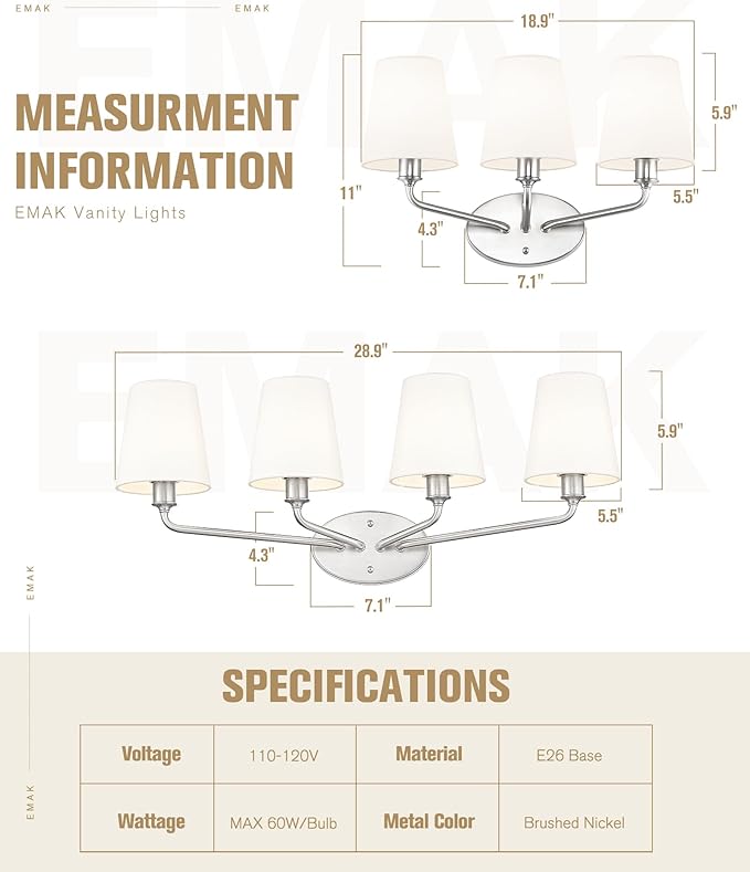 Emak 3-Light Vanity Lights for Bathroom, Brushed Nickel Bathroom Light Fixtures Over Mirror Modern Wall Sconce with Flared White Fabric Shade, VL132-BN-WF-3