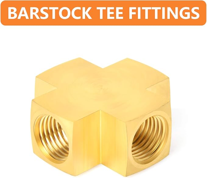 GASHER 3PCS Brass Pipe Fitting, Barstock 4 Way Cross, 1/4" x 1/4" x 1/4" x 1/4" NPT Female Pipe