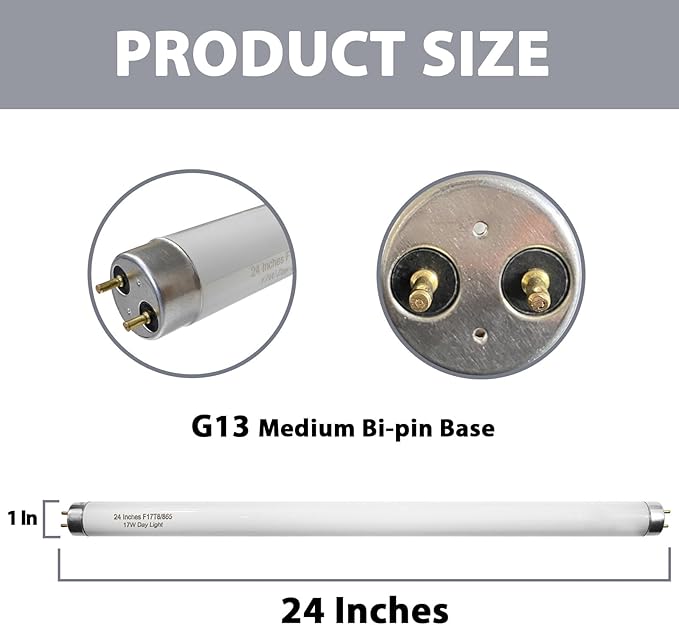 24 Inch F17T8/865 Fluorescent Bulb Daylight 6500K, 17 Watt T8 Light Bulb, 2 Foot Fluorescent Light Bulb, 1460 lumens, G13 Medium Bi-Pin Cap 8 Pack