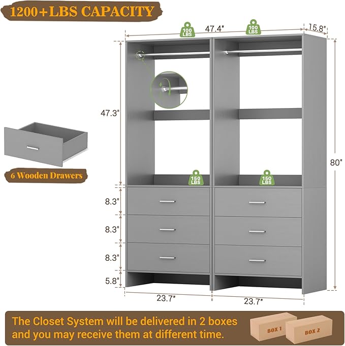 Aheaplus Closet System Closet Organizer, Wood Closet Organizer System, Walk-in Closet or Small Closets Wardrobe, Clothes Rack with Hanging Rods, 4FT Closets, Set of 2, , Grey