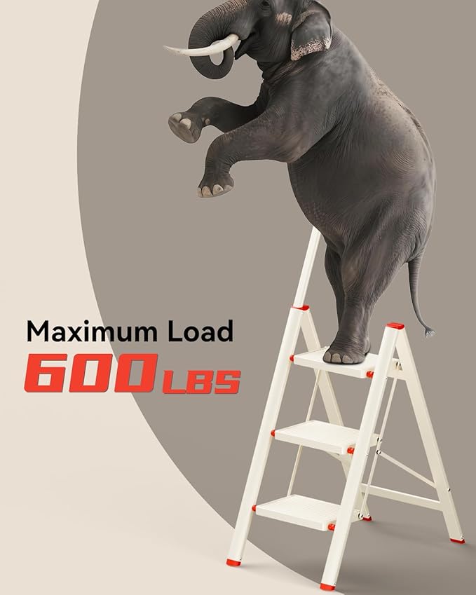 ASPERALD 3 Step Ladder with handrails,Foldable Step Stool with Anti-Slip Wide Pedals for Home Kitchen Closet,3 Step Ladder Folding Step Stool Long Handle White