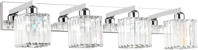 Aipsun Bathroom Light Fixtures Crystal Modern Vanity Lighting Fixtures 4 Light Chrome Bathroom Vanity Light (Exclude Bulb)