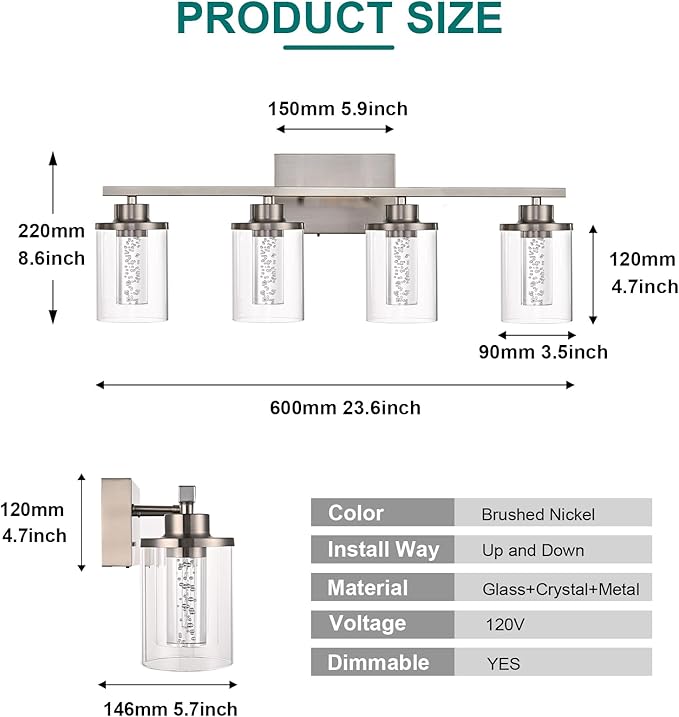 4-Light Modern Bathroom Light Fixtures Over Mirror,Brushed Nickel Led Vanity Lighting Fixtures with 5CCT Dimmable LEDs,Clear Glass Shades &Wall Sconces Lighting Design for Bedroom,Livingroom