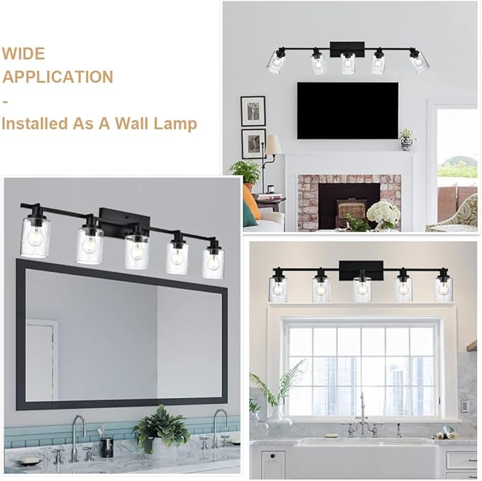 5-Light Track Lighting Fixtures, Black Flush Mount Ceiling Light Bathroom Wall Sconce Spotlight, Seeded Glass Shade