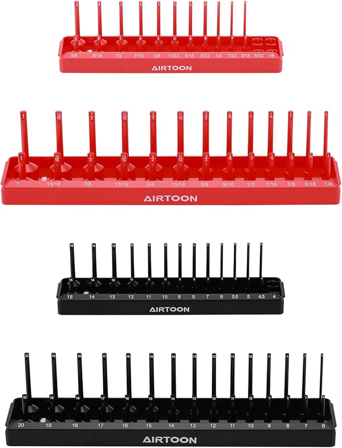 AIRTOON 1/4-Inch & 3/8-Inch Drive Socket Organizer Trays, 4-Piece SAE and Metric Socket Tray Set, Deep and Standard Socket Holders Organizers for Toolbox, Black & Red