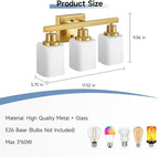 Bathroom Vanity Light,3-Light Gold Modern Bathroom Light Fixtures with Square Frosted Glass,Gold Wall Lamp Sconces for Mirror Bedroom,Living Room Hallway, E26