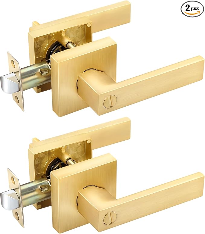 EHOMEWARE 2 Pack Gold Door Handles, Privacy Door Levers Bed and Bath Leverset Lockset, Satin Brass Finish, Universal Handing with Square Door Knobs