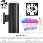 KIZON Smart Porch Lights 2 Pack, RGB Modern Outdoor Wall Lights Dusk to Dawn Exterior Lighting Fixture App Control with Remote, Up and Down Outdoor Sconce Lights for House Patio Garage, ETL Listed