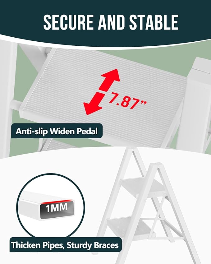 WOA WOA Step Ladder, Widen Pedals Foldable Step Stool, Lightweight Aluminum Ladder, Easy to Move Around, Anti-Slip Foot Stepladder for Household, Fold Thin & Space Save, 300 lbs Load (2 Step, White)