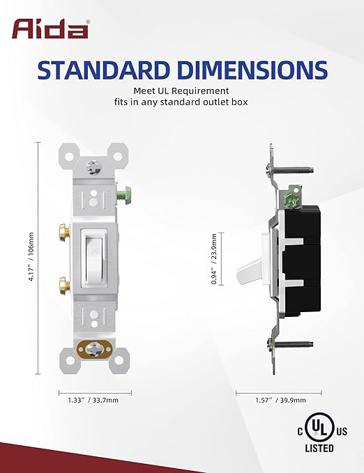 AIDA 15 Amp Single Pole Quiet Indoor Toggle Switch Self-Grounding ON Off, Residential Grade, UL Listed, Quickwire Push-in & Side Wired (White, 10 Pack)
