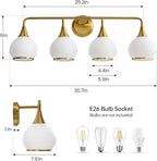 Brass Gold Bathroom Light Fixtures 4-ights Vanity Lights with Milky White Frosted Glass Shade Bathroom Vanity Light 30.7 inch Wall Sconce Lighting Bath(Exclude E26 Bulb)