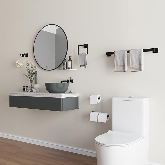 6-Piece Matte Black Bathroom Hardware Accessories Set - 24 Inch Towel Bar Set, SUS304 Stainless Steel Towel Holder Set, Hand Towel Holder, Heavy Duty Wall Mounted Modern Hand Towel Bar for Bathroom