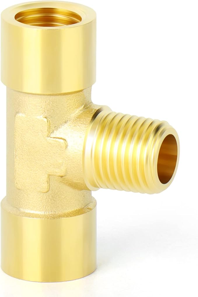 GASHER 5PCS Brass 3 Way Pipe Fitting Male Branch Tee T Adapter 1/4" NPT Female x 1/4" NPT Male x 1/4" NPT Female
