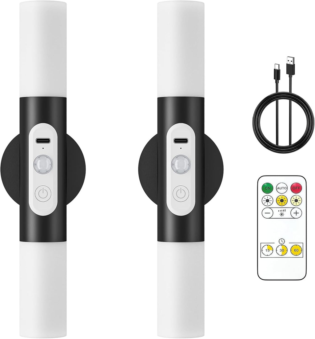 Motion Sensor Wall Lights with Remote Control, LED Rechargeable Battery Operated Wall Sconces Set of Two for Bedroom, Indoor Wireless Wall Lamps for Living Room, Hallway, Stair, Black 2 Pack