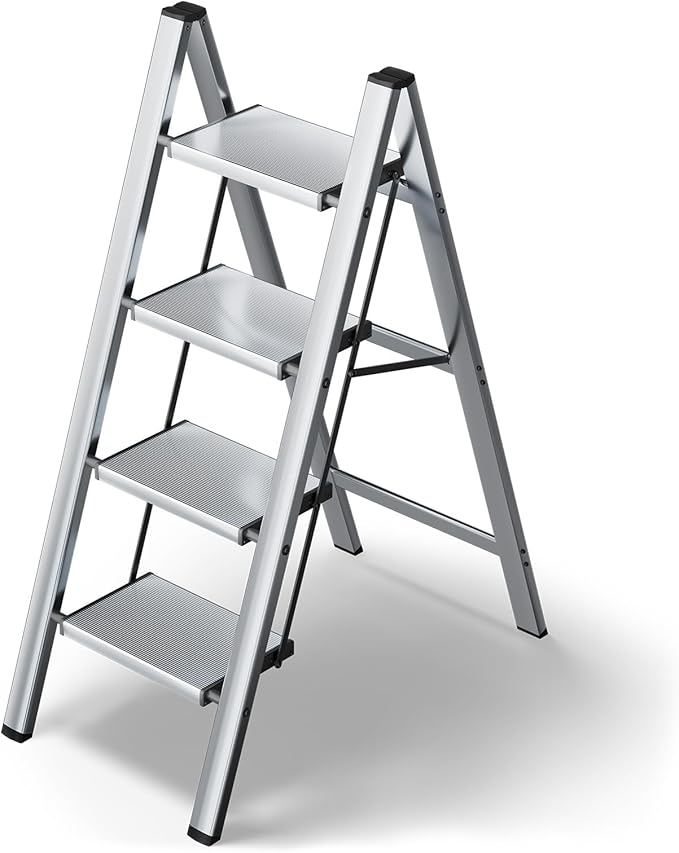 HillhutApex 4 Step Stool, Aluminum Foldable Step Ladder, Lightweight Stable Stool with Wide Non-Slip Pedals, 330lbs Bearing Capacity Ladder for Office,Home,Kitchen - Silver