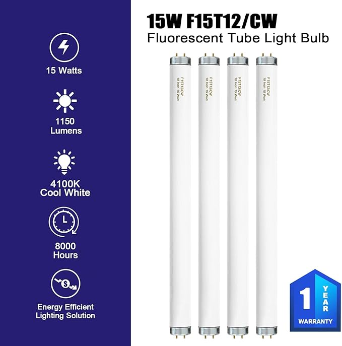 F15T12-CW Cool White 15 Watt Light Bulbs, T12 15 Watt Fluorescent Bulb 18 Inches, Cool White G13 Cap 825 Lumens 4 Pack