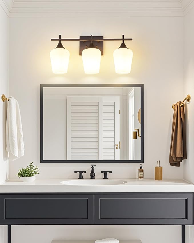 3-Light Bathroom Lighting Fixtures Over Mirror, 21" Oil Rubbed Bronze Vanity Lights Farmhouse Bath Wall Sconce with Milk Glass for Bath, OS-YQ9167-3AW