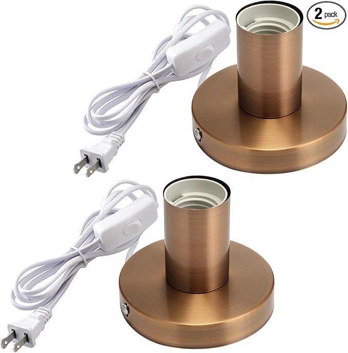 Tuanse 2 Pcs Polished Metal Desktop Lamp Base E26 E27 Screw Light Bulb Holder Sockets Night Light Base Lamp Replacement for Holding Bulb 6 Feet Cord on Off Switch Plug (Copper,Aluminum)