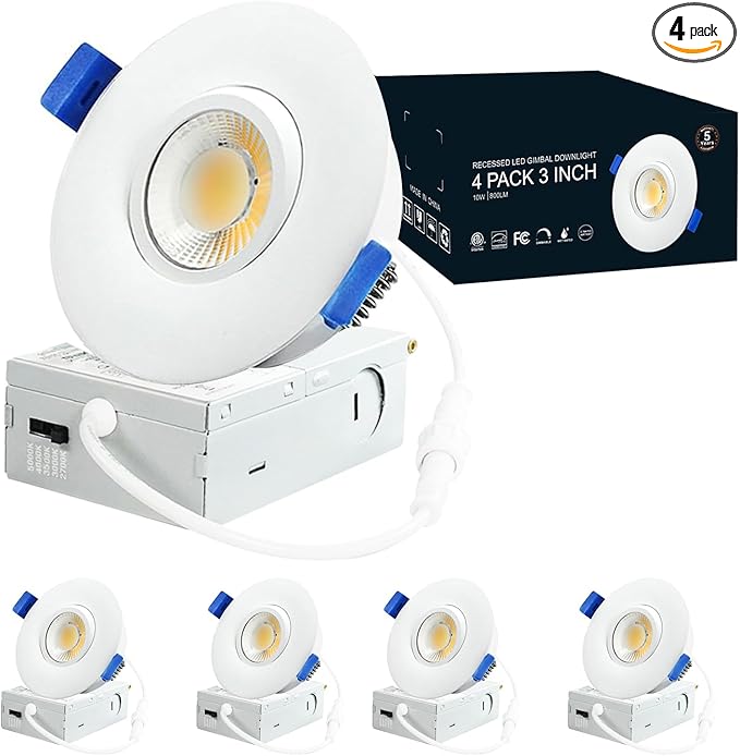 4 Pack White 3-inch 5 CCT Gimbal LED Recessed/Downlight Color Selectable 2700K/3000K/3500K/4000K/5000K 800Lm 10W 120V Dimness Adjustable LED Lights