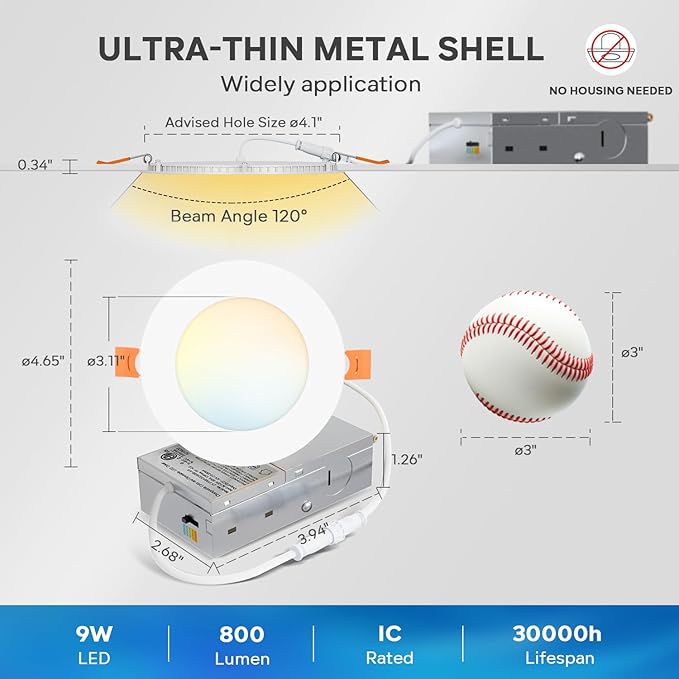 LVWIT 12 Pack Ultra-Thin Recessed Lighting 4 Inch with Junction Box, 800LM 2700K-5000K 5CCT LED Ceiling Lights, Dimmable Canless Wafer Downlight, ETL,FCC&IC, Smooth Trim