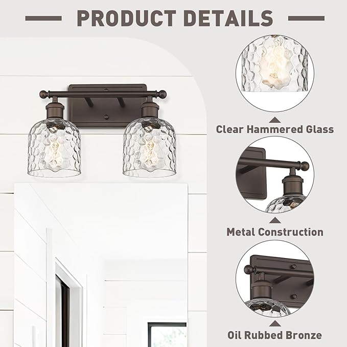 zeyu 2-Light Bathroom Vanity Light, Farmhouse Wall Sconce Lighting with Clear Hammered Glass, Oil Rubbed Bronze Finish, ZJF63B-2W ORB