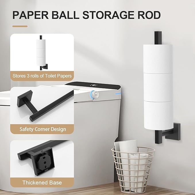 TQKAG 7-Pieces Matte Black Bathroom Hardware Accessories Set 23.6" SUS304 Stainless Steel Towel Bar Set Toilet Paper Spare Rolls Storage Holder Wall Mounted