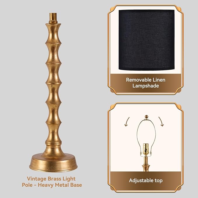 28.75" Gold Table Lamps Set of 2, Gold Buffet Lamps Set of 2 with Black Shade, Rustic Tall Skinny Nightstand Lamp for Bedroom, Living Room, Guest Room Decor