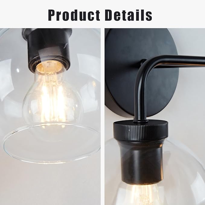 Globe Shade with Brass Accents Double Light Sconce, Chrome Bathroom Sconces, Indoor Sconce Wall Lights, 17.5" w x 10.5" d x 12.5" h (Matte-Black)